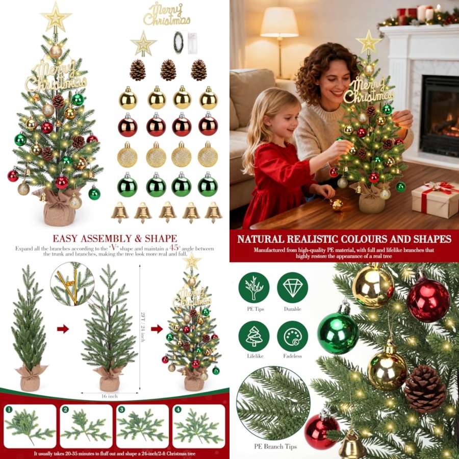 Christmas Tree Artificial - 60 cm Mini-Weihnachtsbaum, Tisch-Weihnachtsbaum mit 30