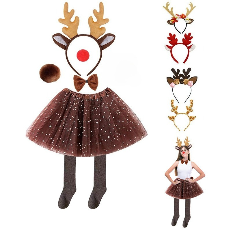 Reindeer Antlers Headband - Rentier-Kostüm-Set, Tutu-Rock mit Fliege, Geweih-Stirnband für