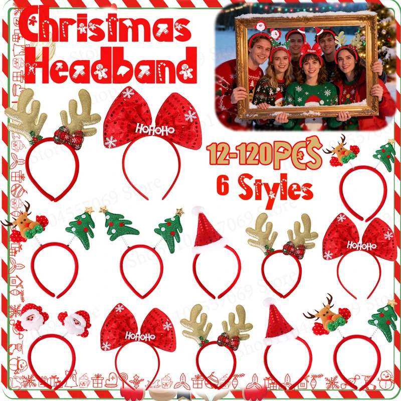 Reindeer Antlers Headband - 12–120 Stück Weihnachts-Stirnband, Weihnachtsfeier-Dekoration, Rentiergeweih, Schneemann,
