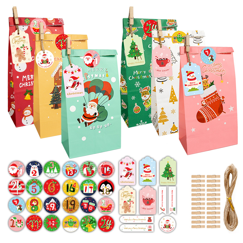 Advent Calendar Gift - 24er-Set Adventskalender Weihnachtsgeschenktüten, Weihnachtsmann-Geschenktüten mit Clips,